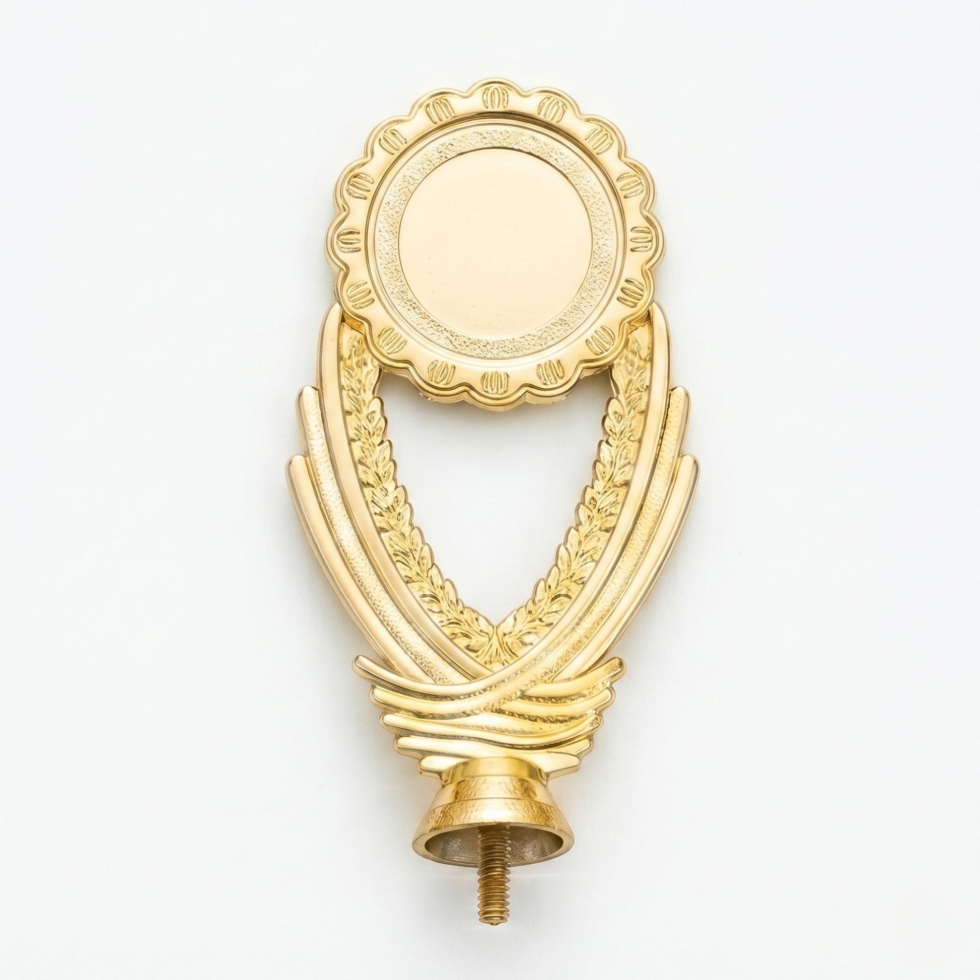 Scalloped edge gold medal-style trophy topper with decorative wheat accents.