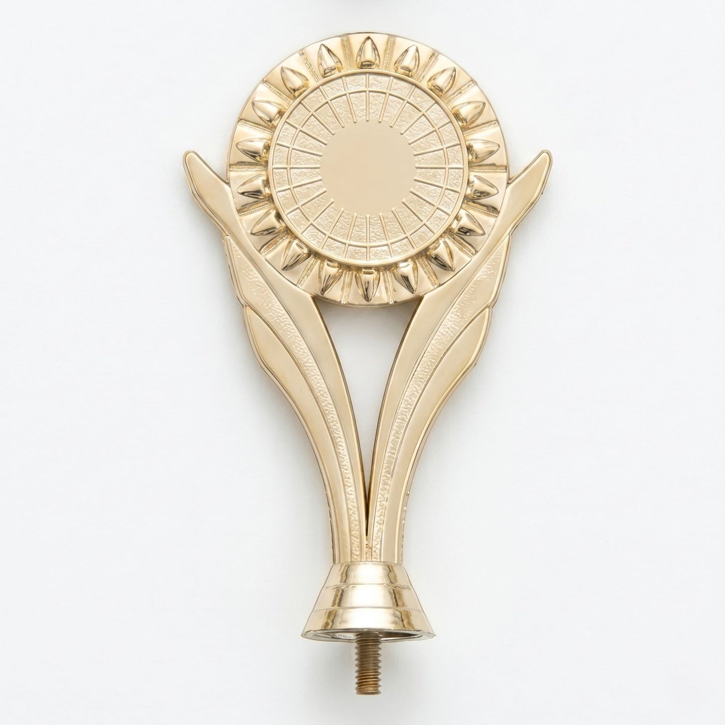 Modern V-shaped gold victory topper with a central sunburst emblem holder.