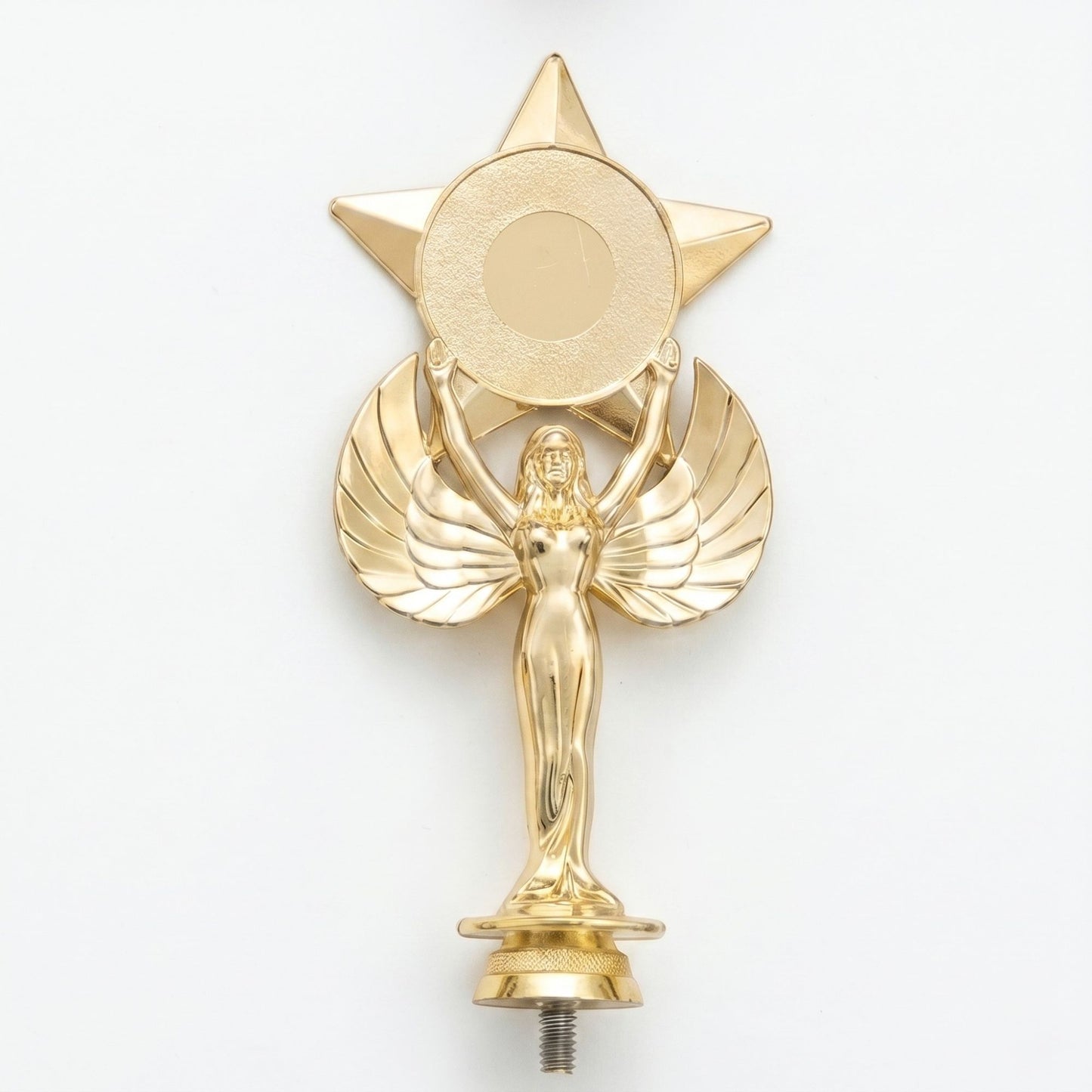 Gold winged victory figure trophy topper holding a star emblem for first-place recognition.