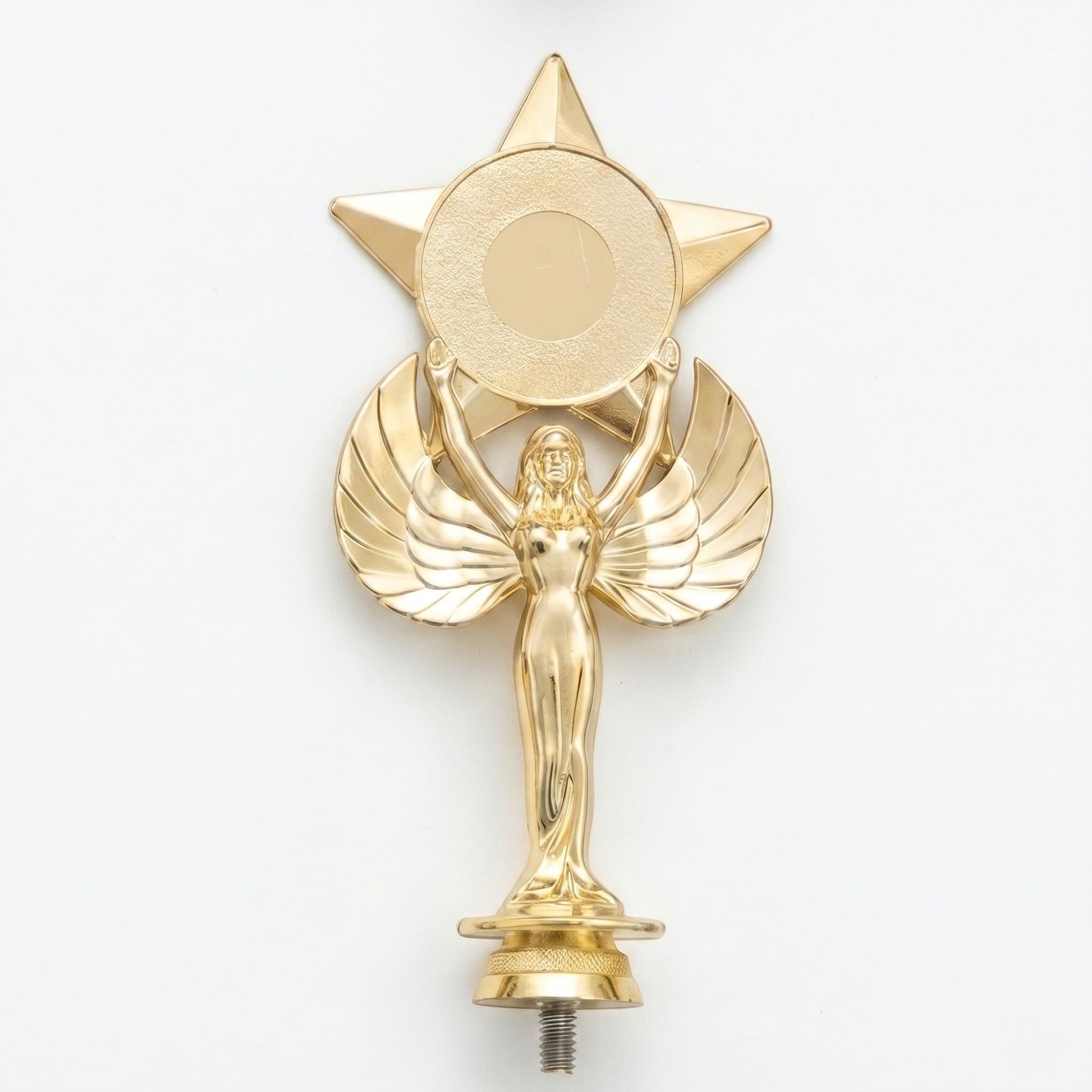 Gold winged victory figure trophy topper holding a star emblem for first-place recognition.