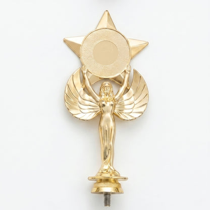 Gold winged victory figure trophy topper holding a star emblem for first-place recognition.