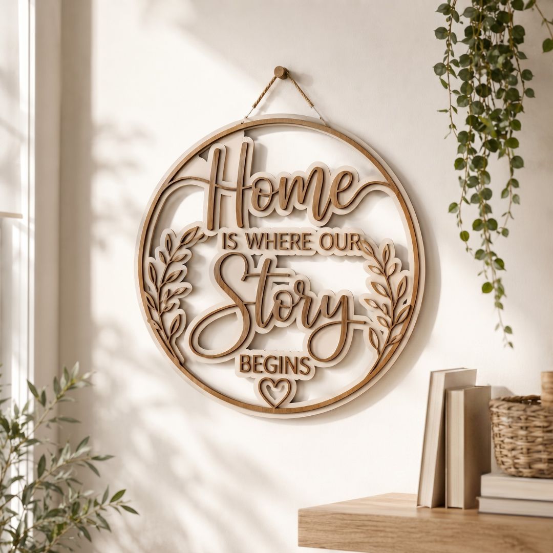 A wooden laser cut wall art with the text "Home IS WHERE OUR Story BEGINS" and leaf wreaths, hanging on a white wall in a modern living room setting.