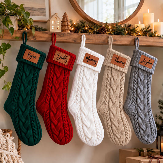 Matching personalized family Christmas stockings in coordinating holiday colors for a festive fireplace mantel display.