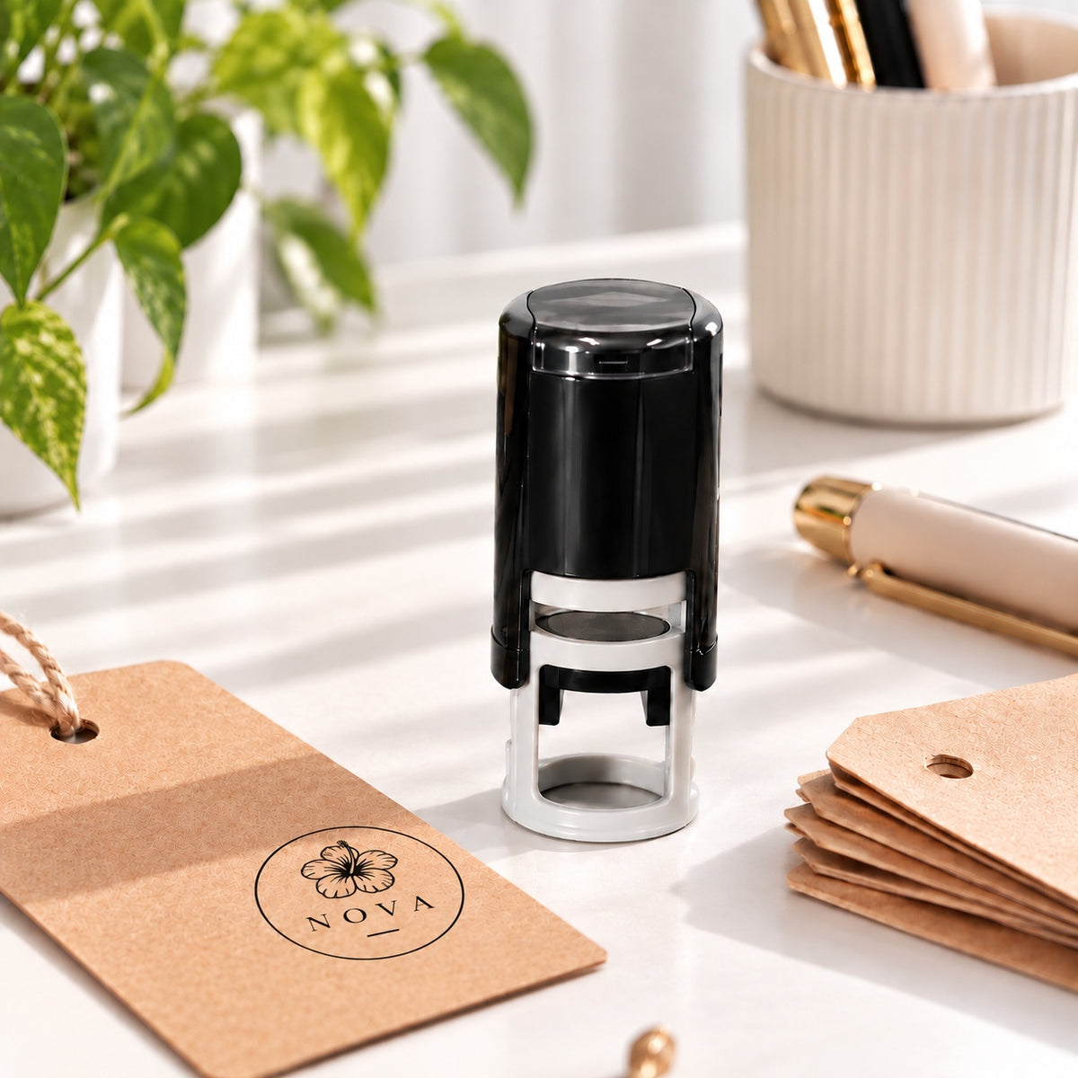 Mini custom self-inking stamp for compact business logos, small labels, and personalized packaging details.
