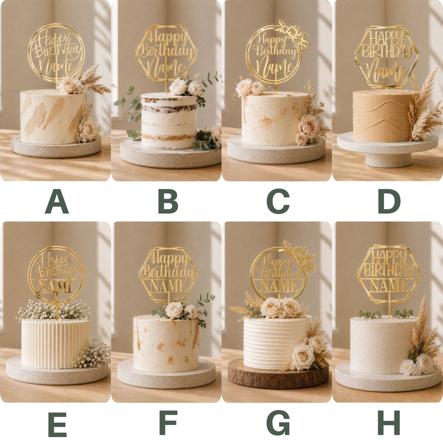 An 8-part presentation graphic displaying eight personalized mirror gold acrylic cake toppers labeled A to H. The top row (A–D) utilizes a fluid cursive script font for the customization names, framed by geometric wireframe shapes. The bottom row (E–H) uses high-contrast block lettering in all caps inside a banner backdrop. Every design is mounted on an elegant, uniquely textured white frosted celebration cake.
