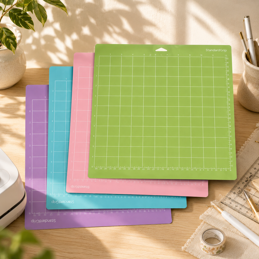 A stack of colorful replacement adhesive cutting mats for crafting machines, showing light grip blue, standard grip green, strong grip purple, and fabric grip pink mats on a wooden work table next to crafting tools.