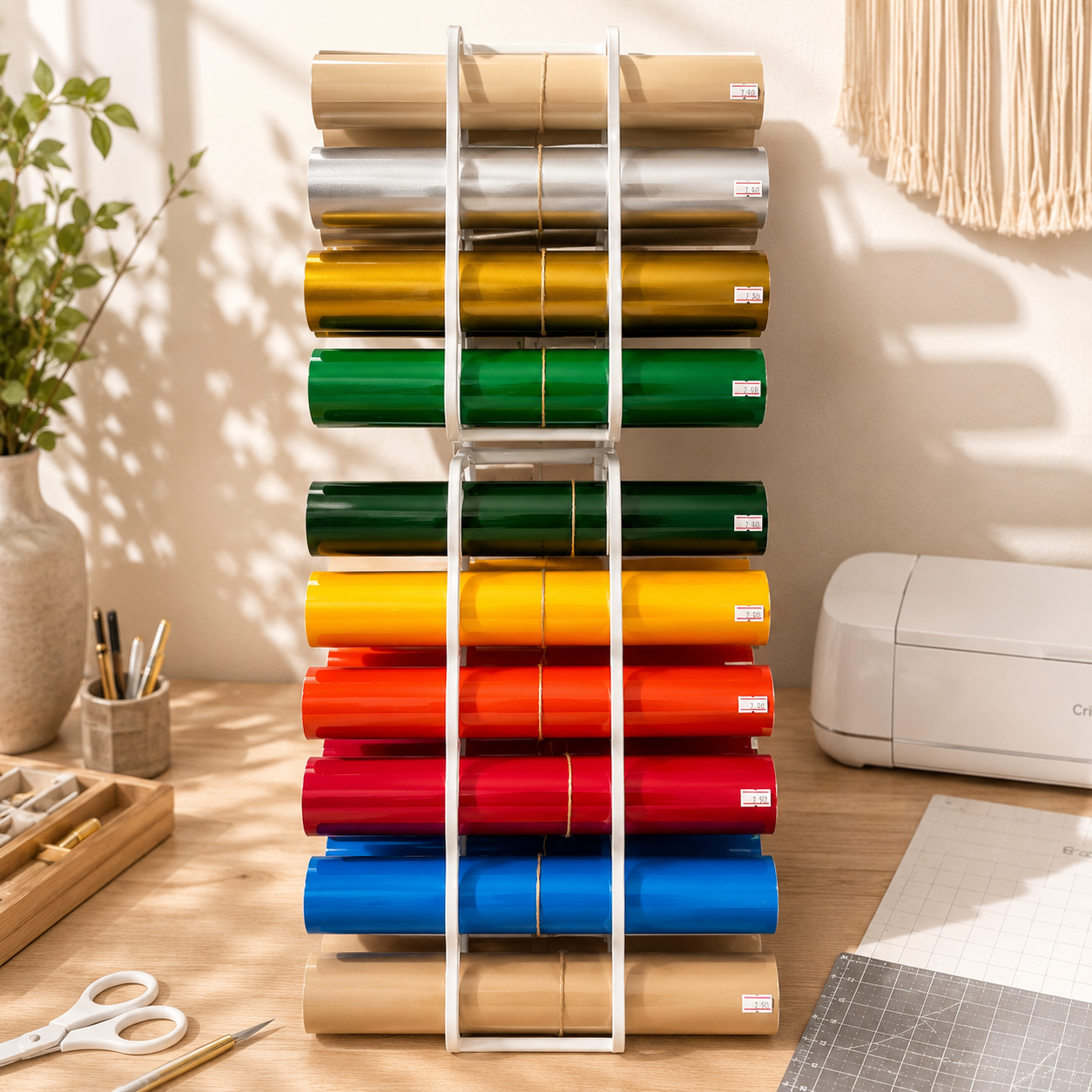 A tall white metal vertical organizer rack stacked with colorful twelve-inch permanent vinyl rolls in silver, gold, green, yellow, orange, red, and blue shades resting on a wooden craft studio work table.