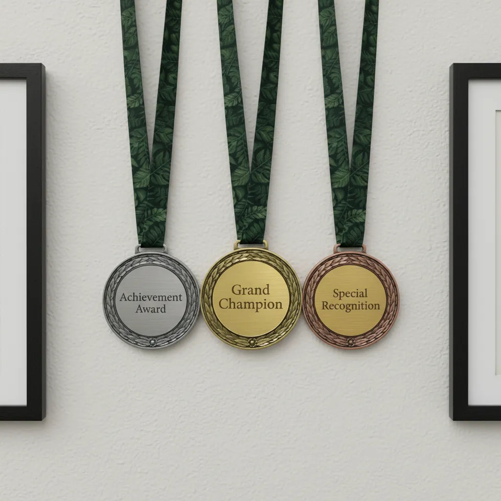 A side-by-side wall display of three custom personalized achievement medals in silver, gold, and bronze hanging by their dark green neck ribbons against a clean white backdrop.