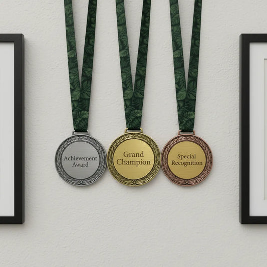 A side-by-side wall display of three custom personalized achievement medals in silver, gold, and bronze hanging by their dark green neck ribbons against a clean white backdrop.
