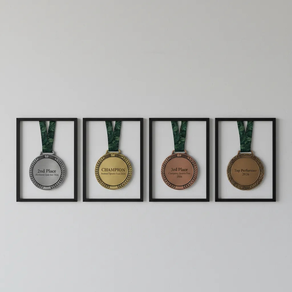 A horizontal row display of four custom double-sided honor medals hanging by green neck ribbons inside a clean wall mount showcase layout against a white backdrop.