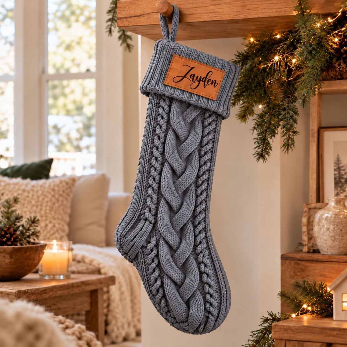 Personalized gray Christmas stocking with name in a cozy cable-knit style for customized holiday decor.