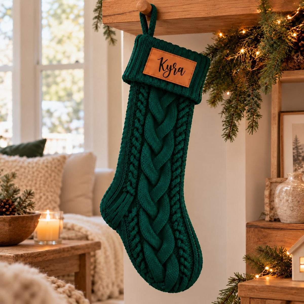 Personalized green cable-knit Christmas stocking for a traditional holiday look with a custom name.