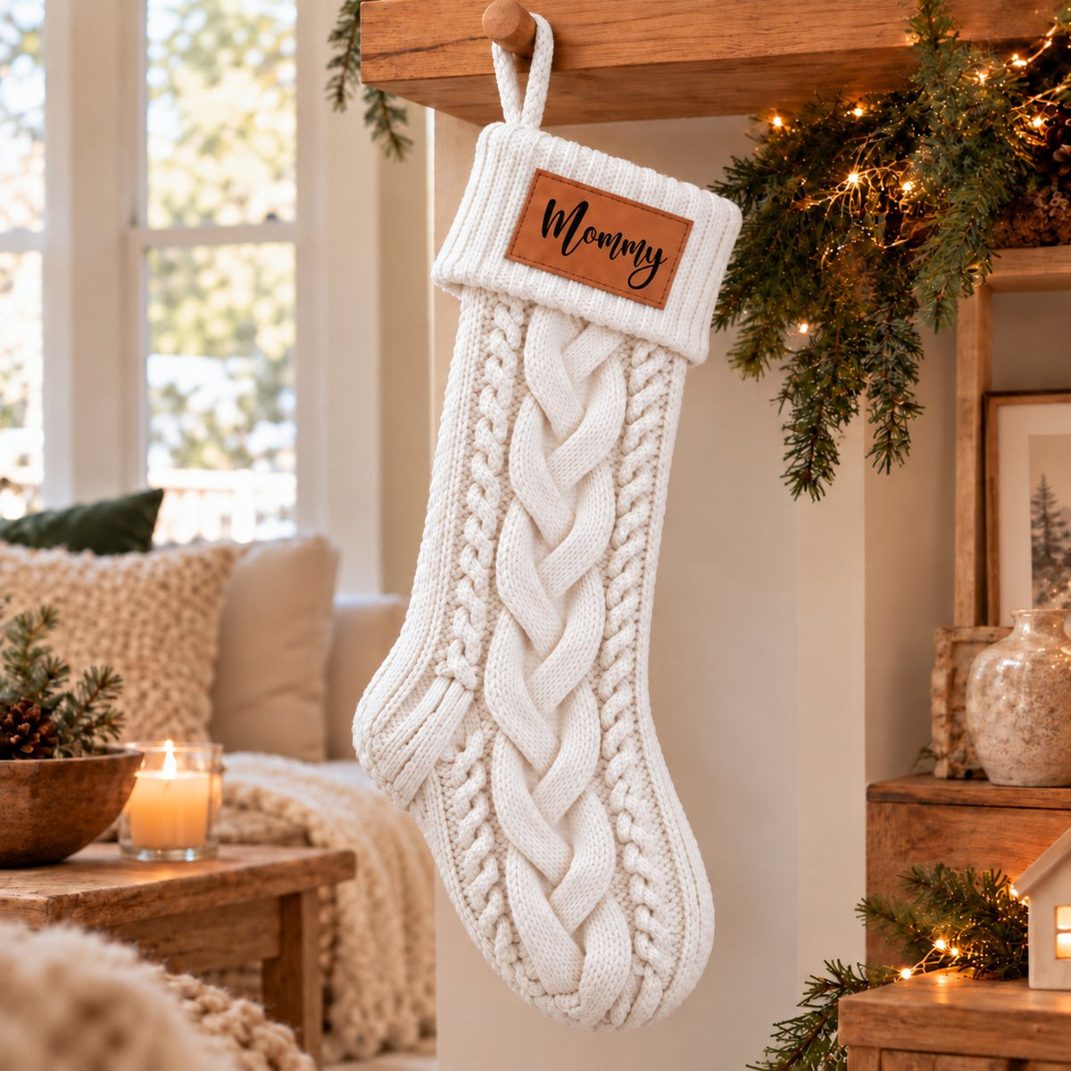 Personalized Christmas stocking with name, featuring a chunky cable-knit design for a matching family Christmas stocking collection.