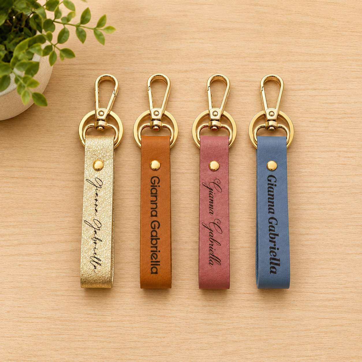 Personalized faux leather keychains with custom engraved names in Champagne, Caramel, Dusty Rose, and Slate Blue featuring gold-tone swivel clasps.