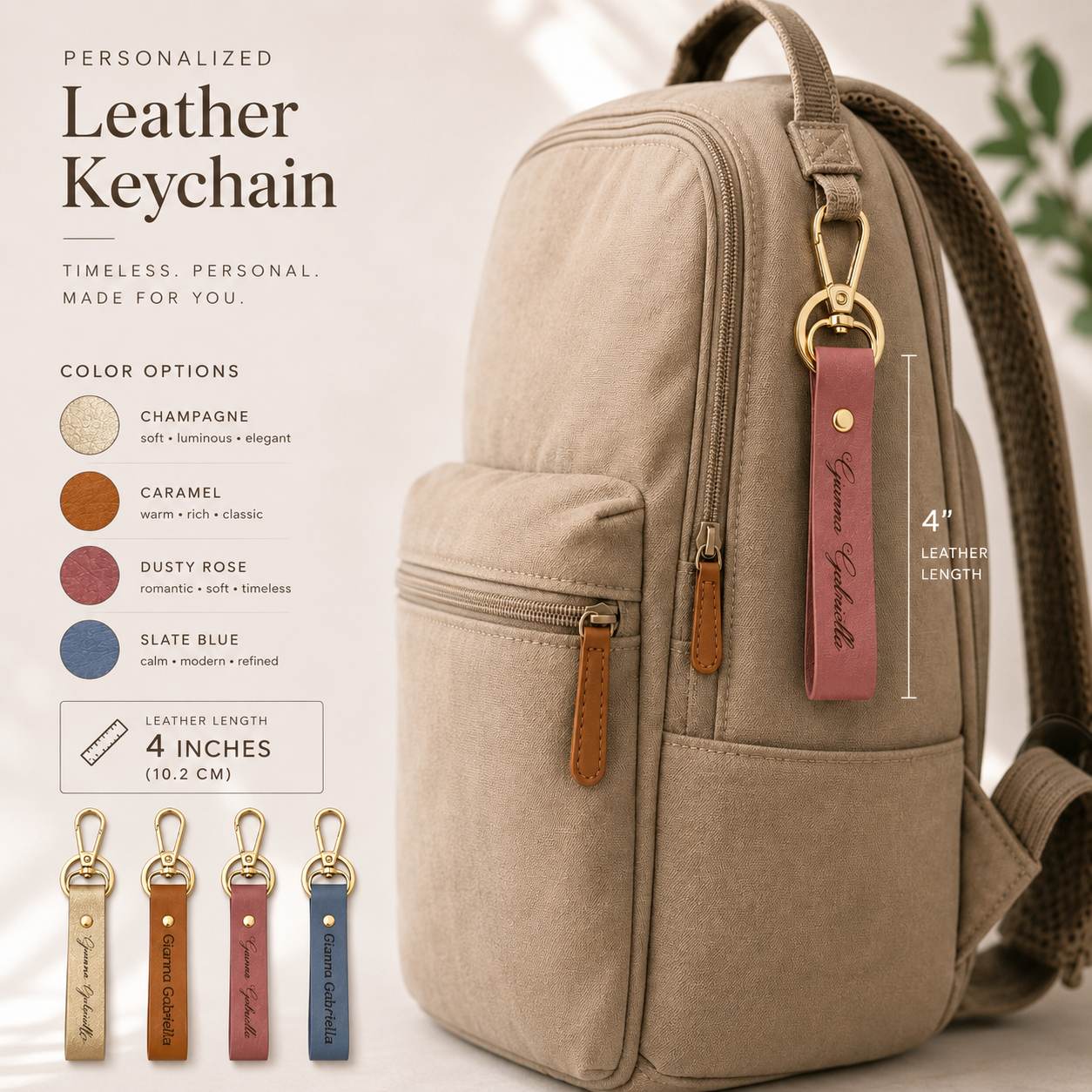 A beige canvas backpack with a personalized leather keychain attached, shown on a light neutral background with text listing color options and keychain length. The keychain tag reads 'Personalized' and includes small illustrations of a hand, heart, and key.