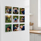 A neat three-by-three grid layout of nine custom square glossy family photo magnets mounted on a clean white refrigerator door inside a bright kitchen.