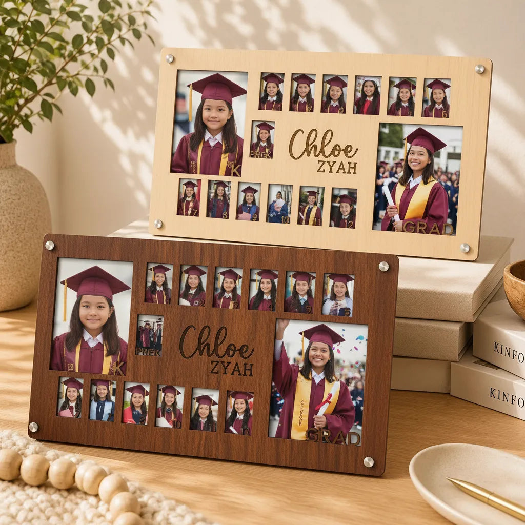 Two personalized Pre-K through 12th grade school photo frames displayed together on a wooden table, featuring a light oak wood frame and a brown wood frame filled with student graduation milestone pictures and custom laser-engraved name text reading 'Chloe Zyah'.