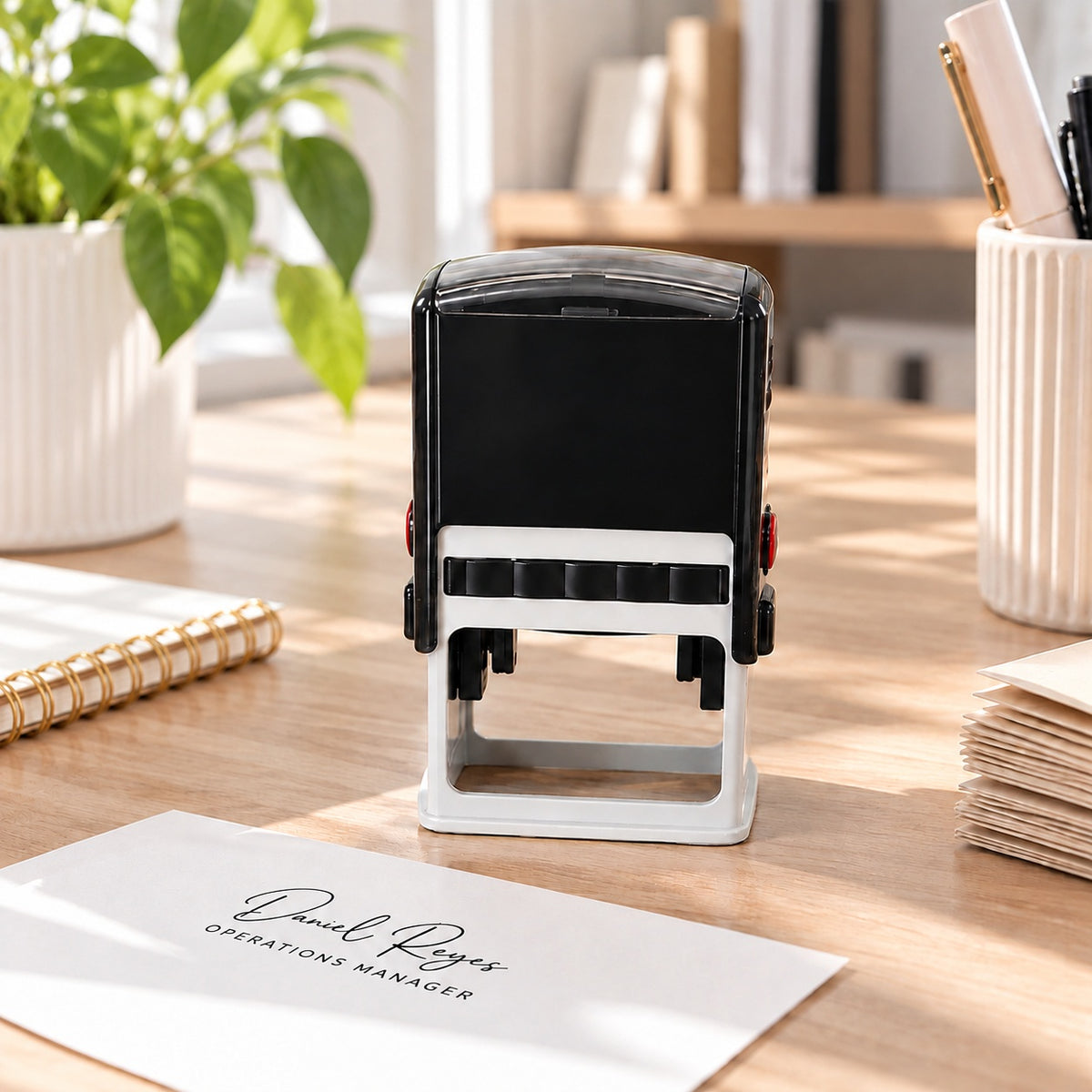 Personalized rectangular rubber stamp for business names, signatures, company branding, and office documents.