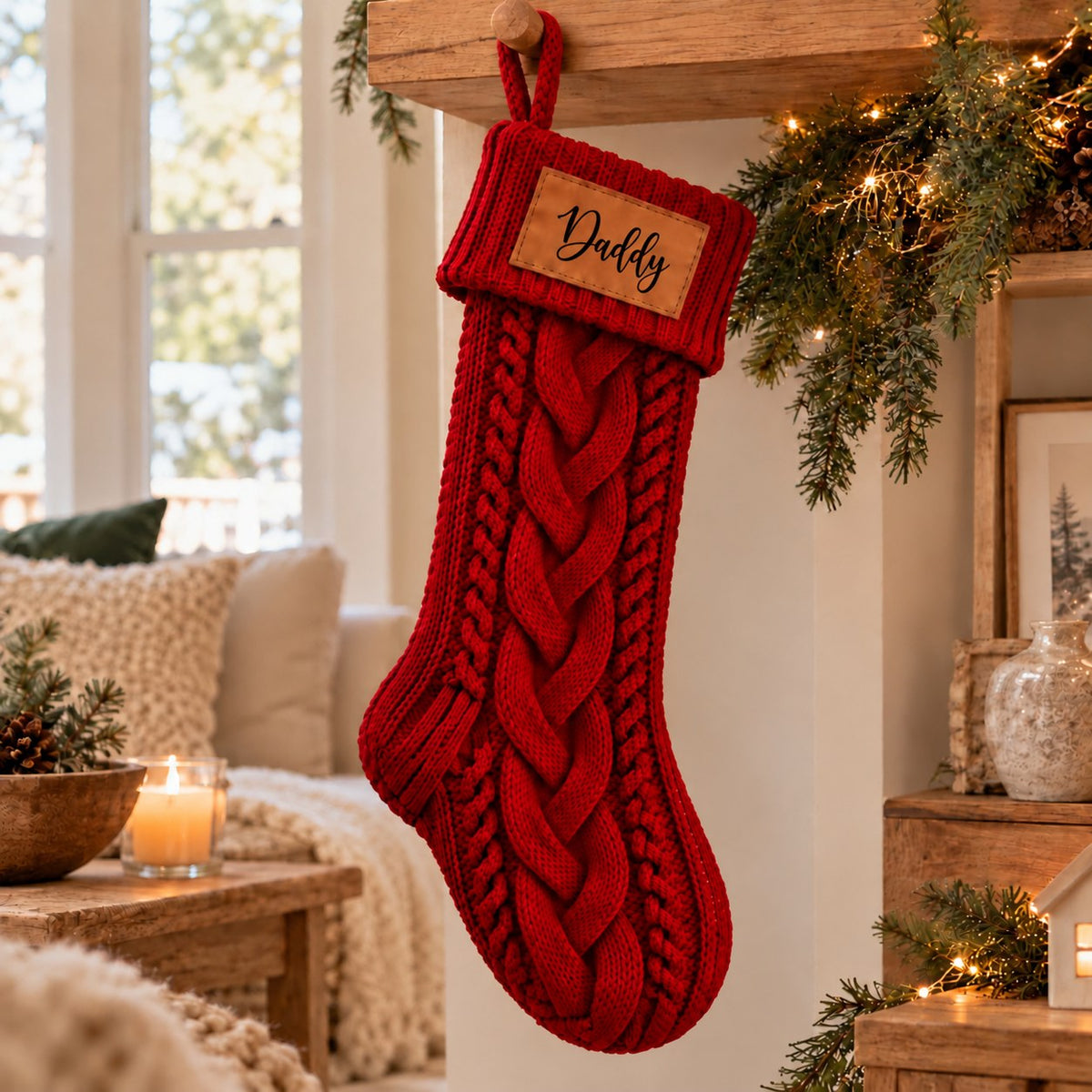 Personalized red Christmas stocking with name for dad, ideal for a coordinated family stocking set.