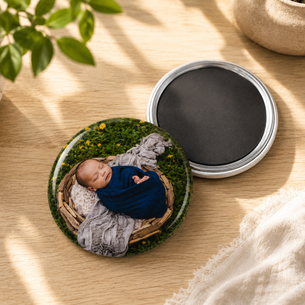 Close-up of a 2.25 inch custom round button magnet featuring a glossy sleeping baby portrait photo, shown next to its black magnetic back side on a wooden tabletop with soft leaf shadows.