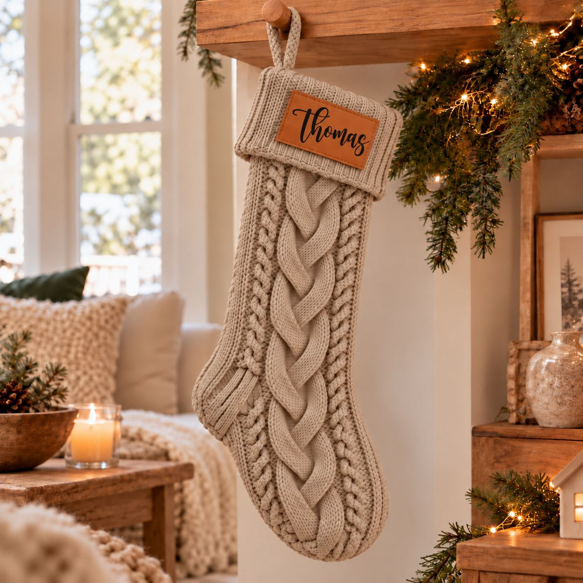 Custom name Christmas stocking in a neutral cable-knit design for a coordinated farmhouse-inspired holiday display.