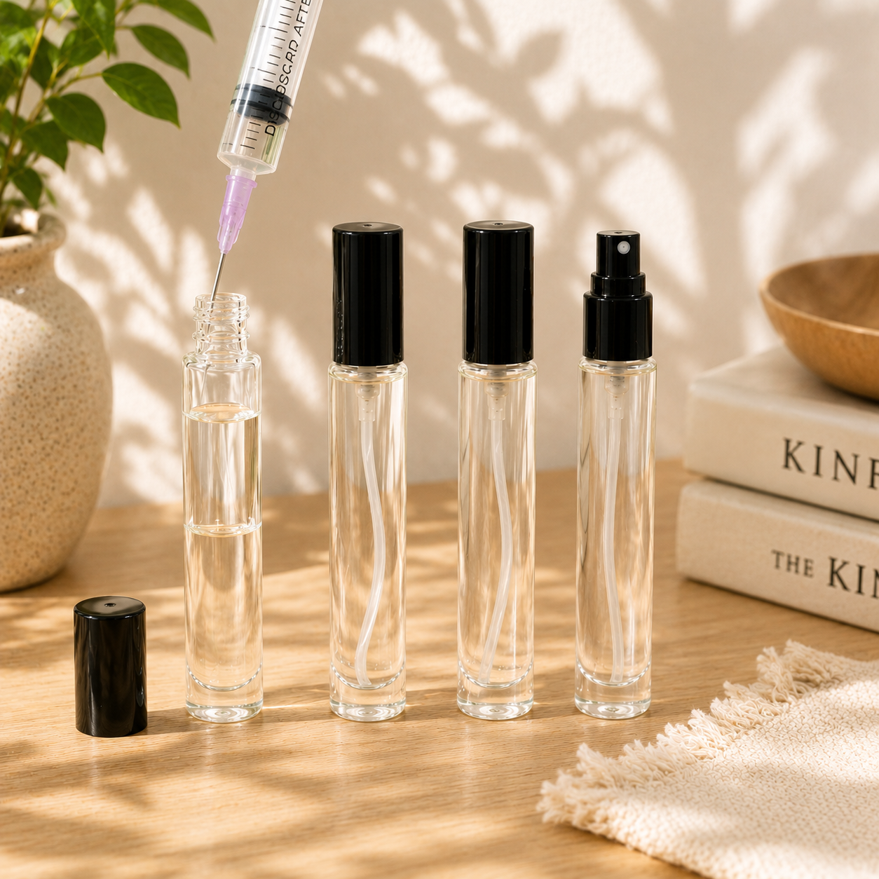 A set of four clear 10ml glass fine mist spray bottles with black atomizers and caps standing on a wooden table, with a syringe filling one bottle near a decorative beige vase.