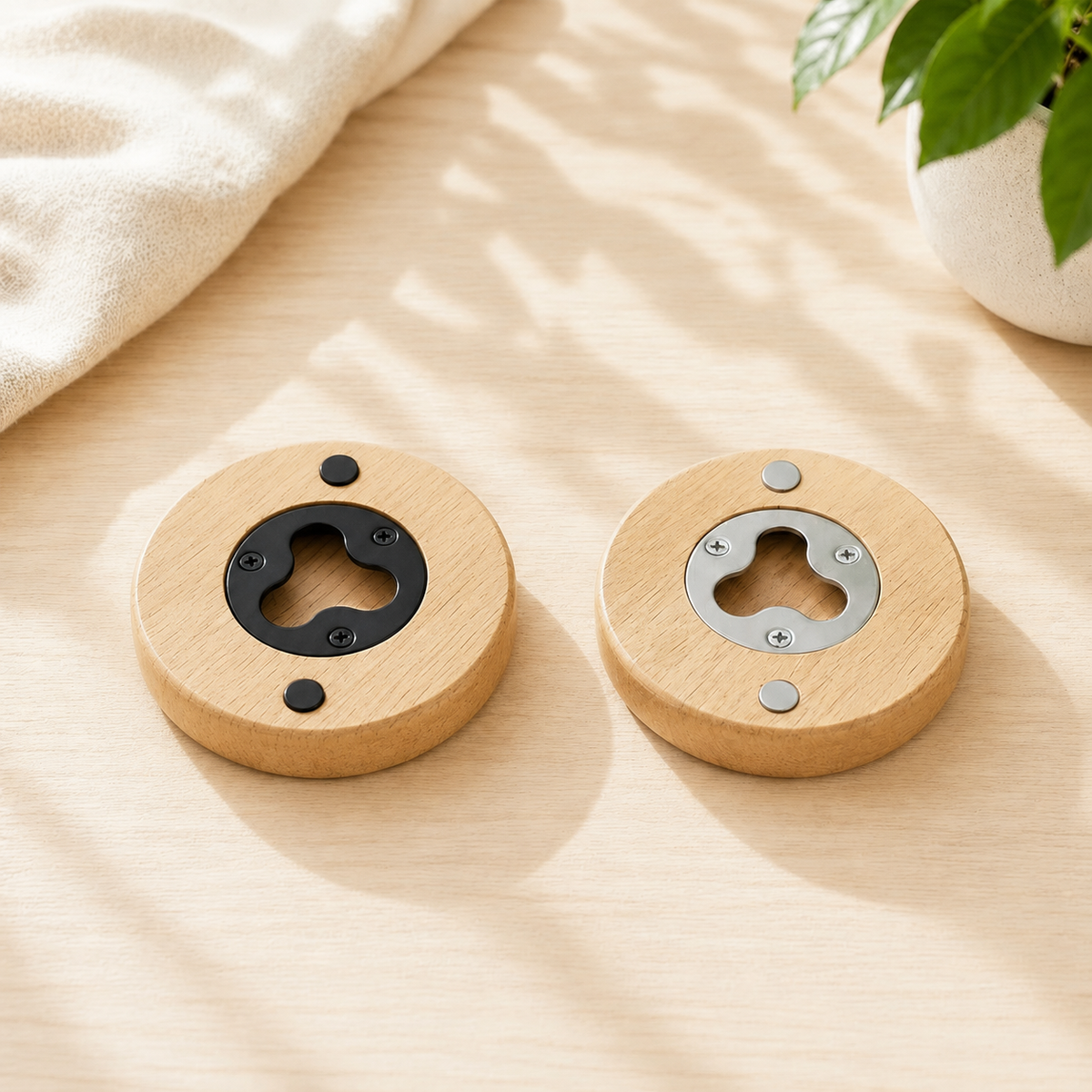 Round wooden bottle openers with black and silver metal inserts and magnetic backing on a light wood surface
