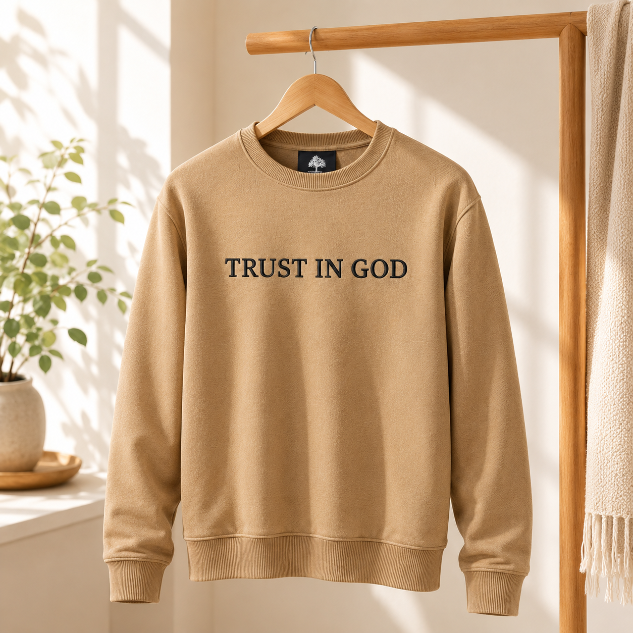 Close-up of a premium sand tan colored crewneck pullover sweater showing clean white direct embroidery text that reads 'TRUST IN GOD'.