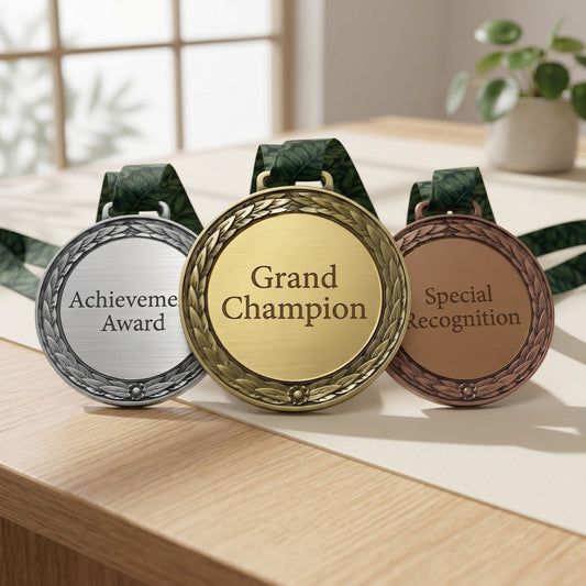 Three custom-engraved zinc alloy award medallions in antique silver, bright gold, and classic bronze with laurel leaf borders and green patterned neck ribbons, standing on a light wood display desk.