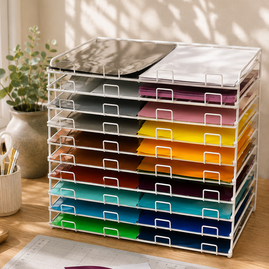 A white wire tabletop storage rack filled with colorful 15x12 inch Siser EasyWeed heat transfer vinyl sheets in red, yellow, orange, blue, and green on a wooden craft desk next to a potted plant.
