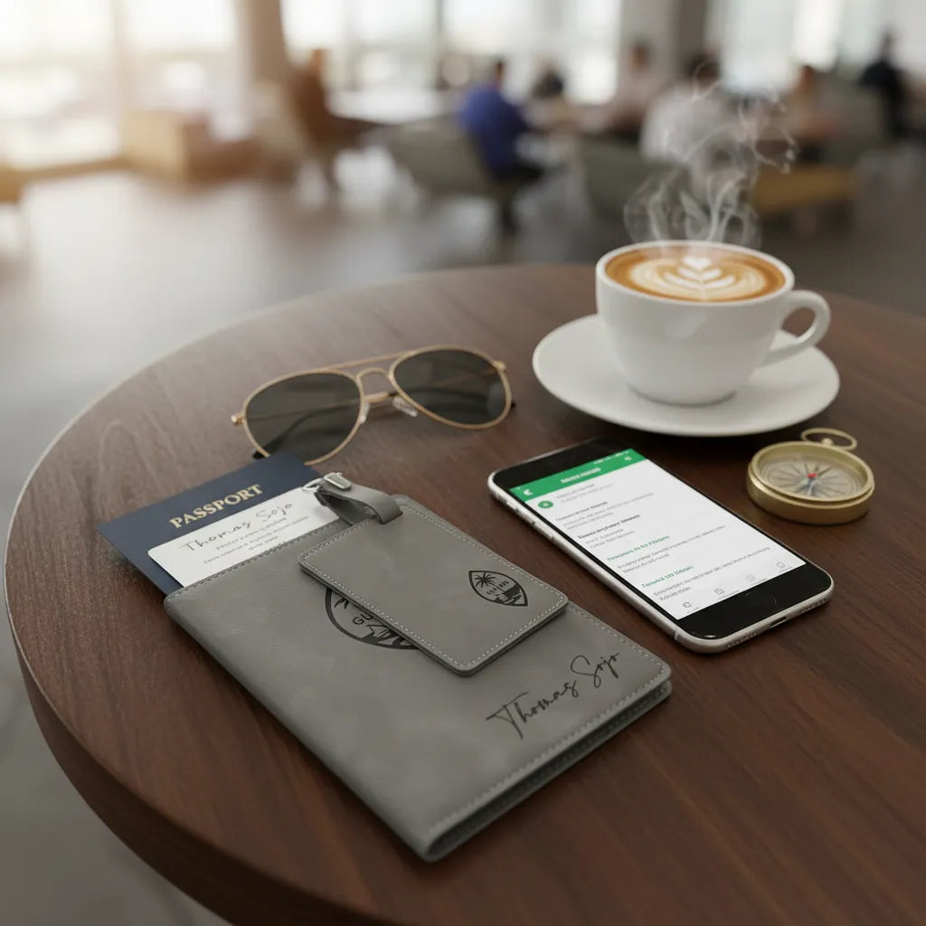 A textured dark grey personalized leather passport sleeve, custom luggage tag, smartphone, and sunglasses arranged neatly on a dark wooden cafe table next to a cup of espresso coffee.