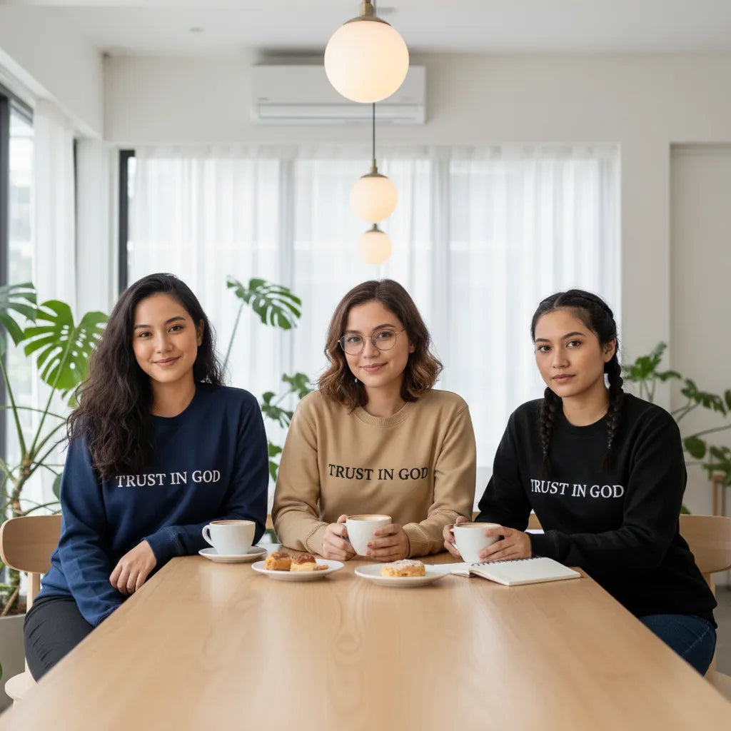Three women sitting together at a wooden table inside a bright room, smiling and wearing the custom embroidered 'TRUST IN GOD' cotton crewneck sweaters in navy blue, sand tan, and classic black.