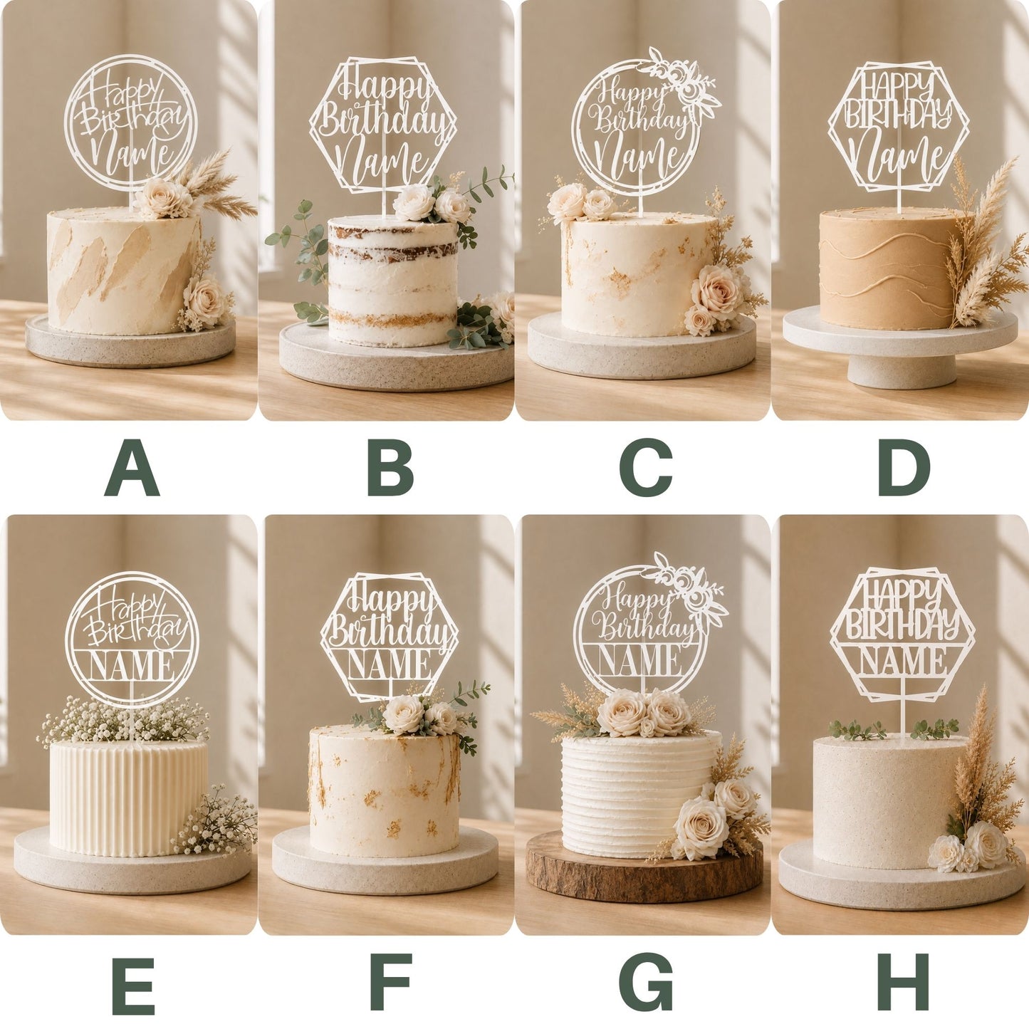 A catalog collage image displaying a collection of eight stark white acrylic custom birthday cake toppers arranged in a grid from A to H against a soft studio backdrop. Designs A, B, C, and D showcase flowing script lettering for personalization, while designs E, F, G, and H show a clean, blocky all-caps sans-serif look for the name selection. The toppers are staged on minimalist cakes with neutral decorations.
