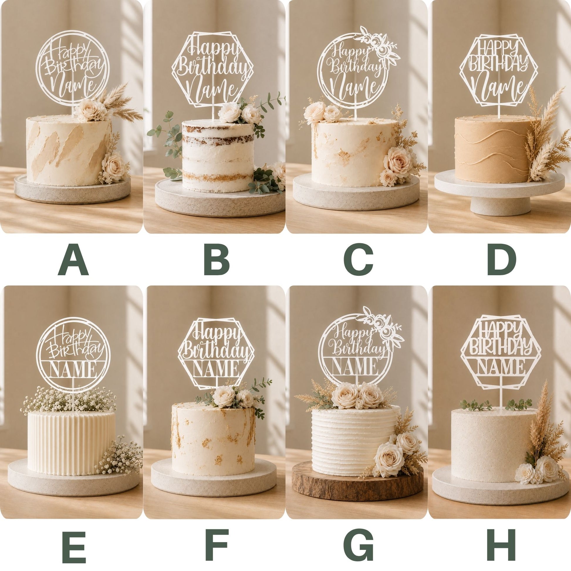 A catalog collage image displaying a collection of eight stark white acrylic custom birthday cake toppers arranged in a grid from A to H against a soft studio backdrop. Designs A, B, C, and D showcase flowing script lettering for personalization, while designs E, F, G, and H show a clean, blocky all-caps sans-serif look for the name selection. The toppers are staged on minimalist cakes with neutral decorations.