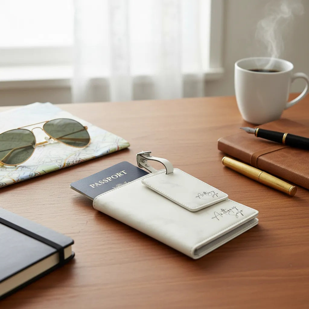 A personalized white leather passport holder layed flat on a warm wooden work desk next to a notebook, sunglasses, and a hot white ceramic mug of coffee.